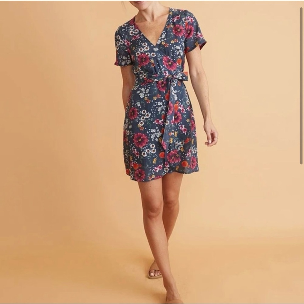 Marine Layer Frances Linen Blend Short Sleeve Wrap Mini Dress Eclipse Floral